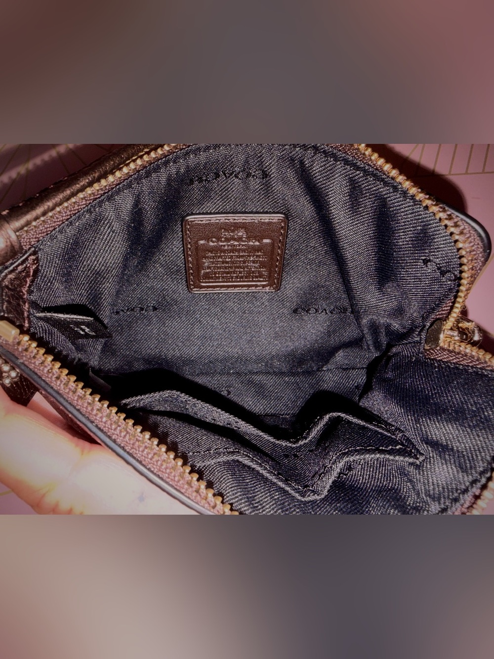 Coach Metallic Chocolate Brown Pebbled Leather Zip Wristlet - Picture 6 of 7
